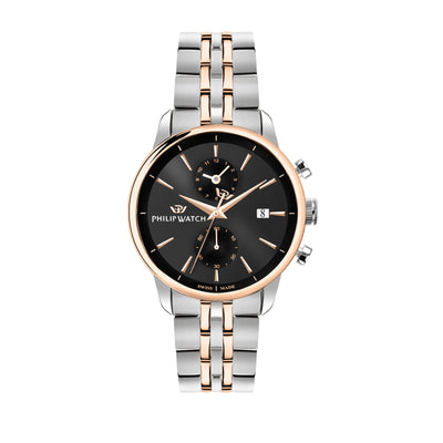 Elegant wristwatch with a two-tone metal bracelet and black dial featuring chronograph subdials.