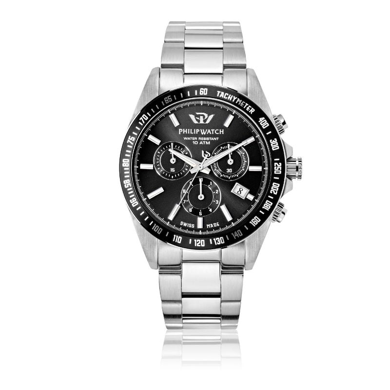 Stainless steel chronograph wristwatch with a black dial and bezel.