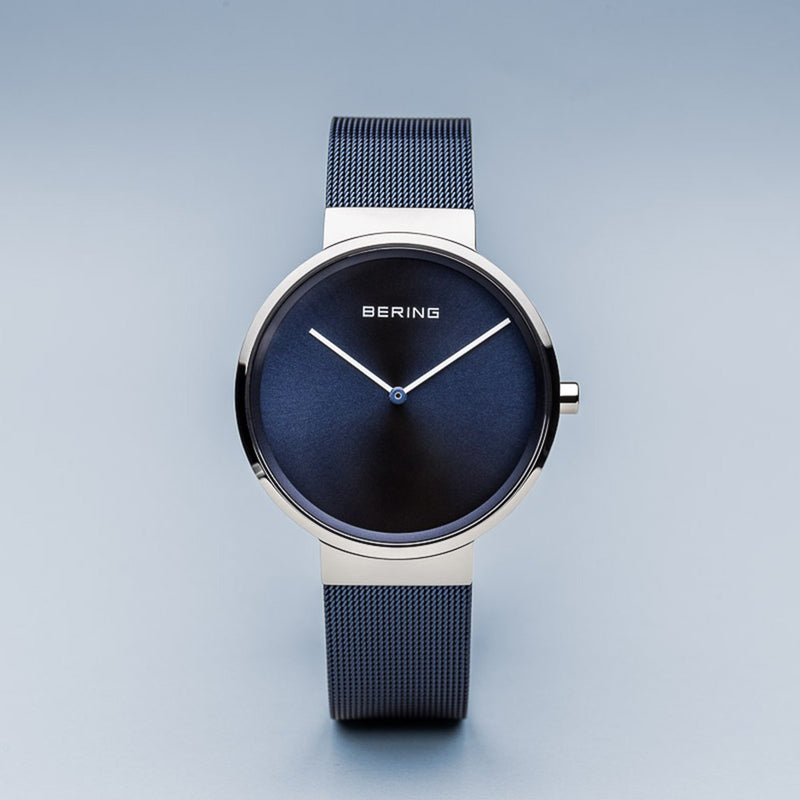 Bering Classic Brushed Silver Blue Milanese Mesh Watch