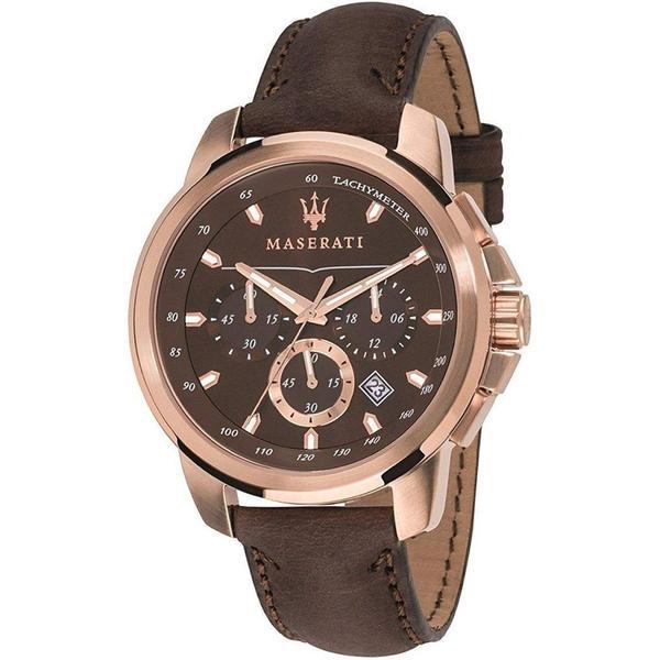 Luxury wristwatch with a brown leather strap and rose gold-toned case featuring the Maserati logo.