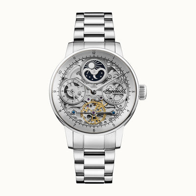 Luxury skeleton watch with a silver metal bracelet and intricate visible mechanism.