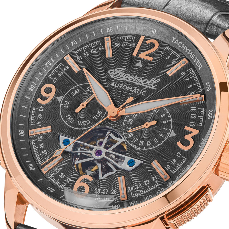 Luxury wristwatch with a black dial and rose gold accents featuring multiple subdials and complications.