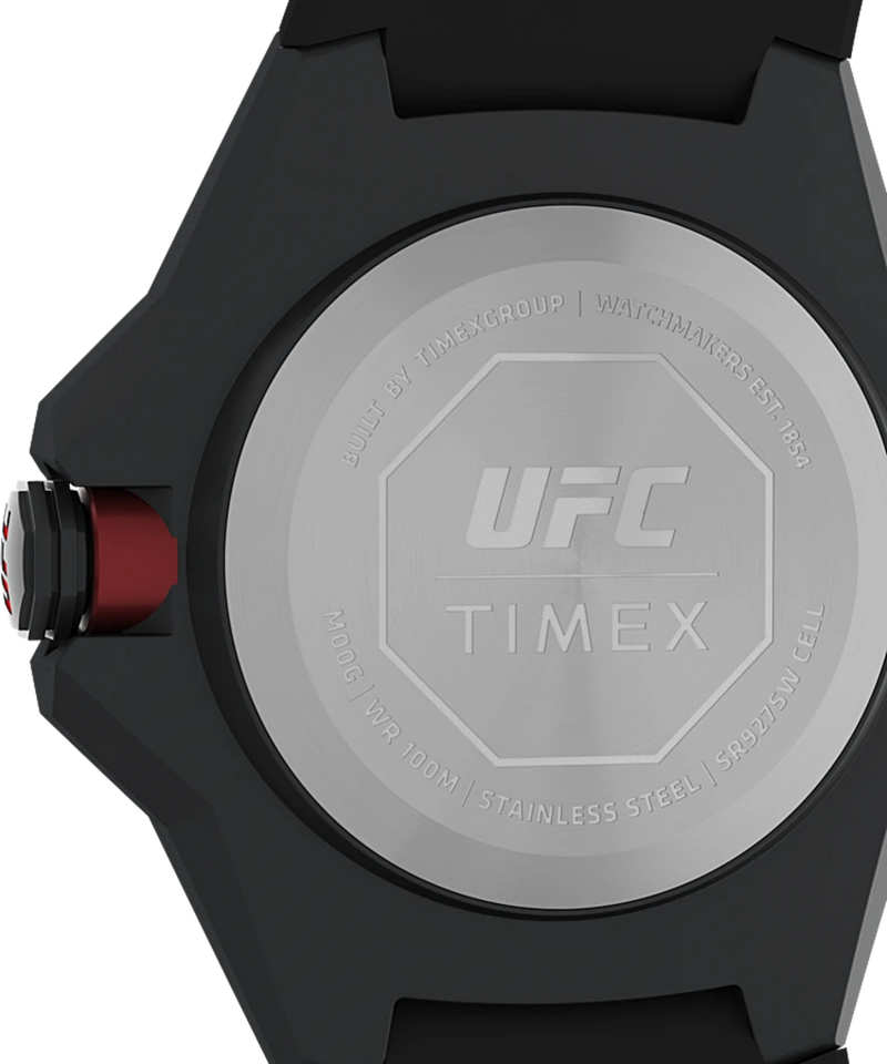 Back of a UFC-branded Timex watch with a black strap.