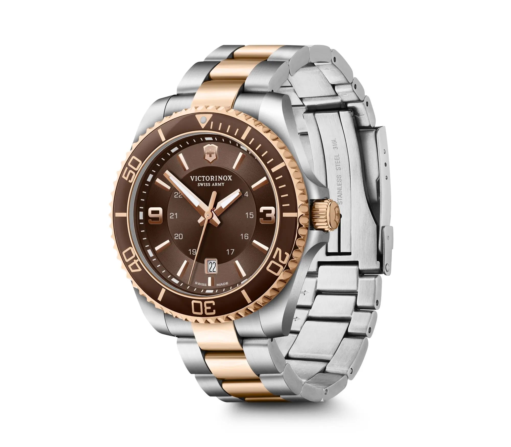 Luxury wristwatch with a brown face and two-tone metal band.