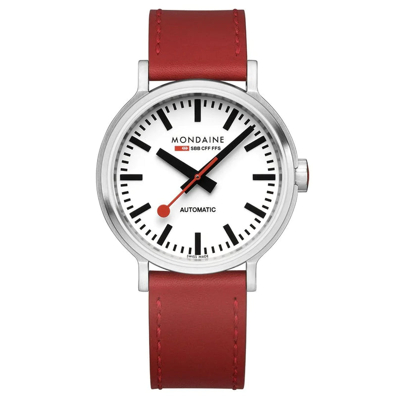 Wristwatch with a white face, red leather strap, and silver case.