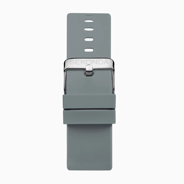 Gray silicone or rubber watch strap with a silver-toned buckle.