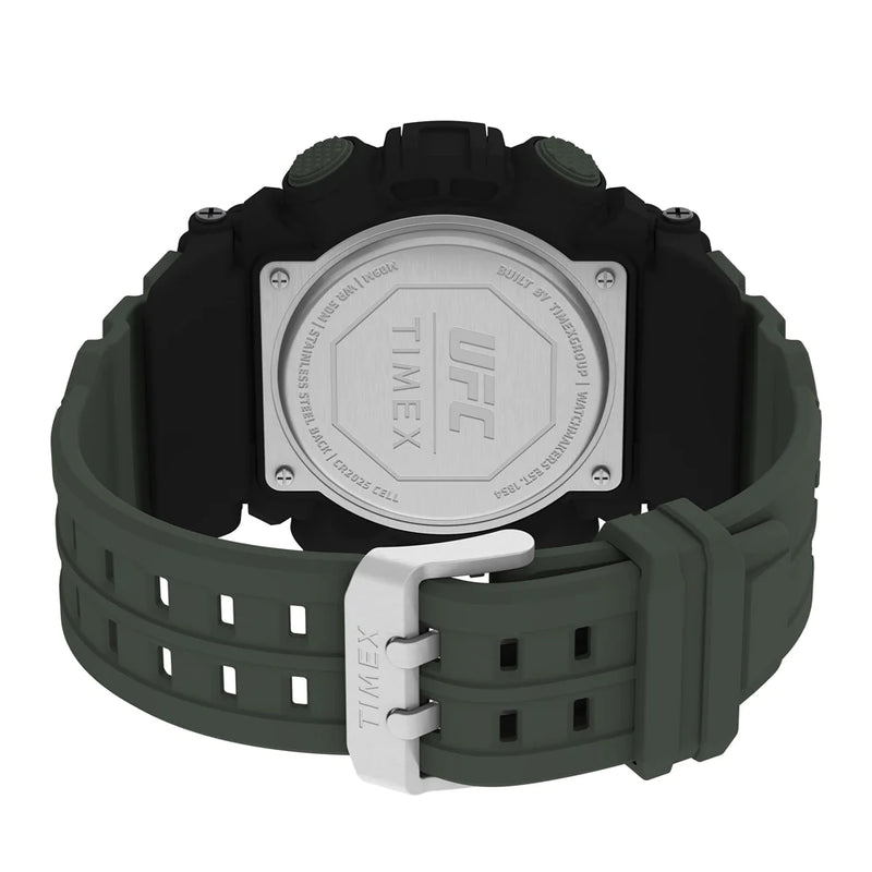 Digital sports watch with a black face and green rubber strap.