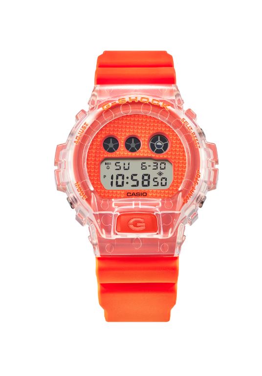 Bright orange digital sports watch with a transparent case and LCD display.