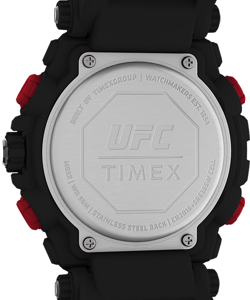 Back of a UFC-branded Timex watch with a black and red band.