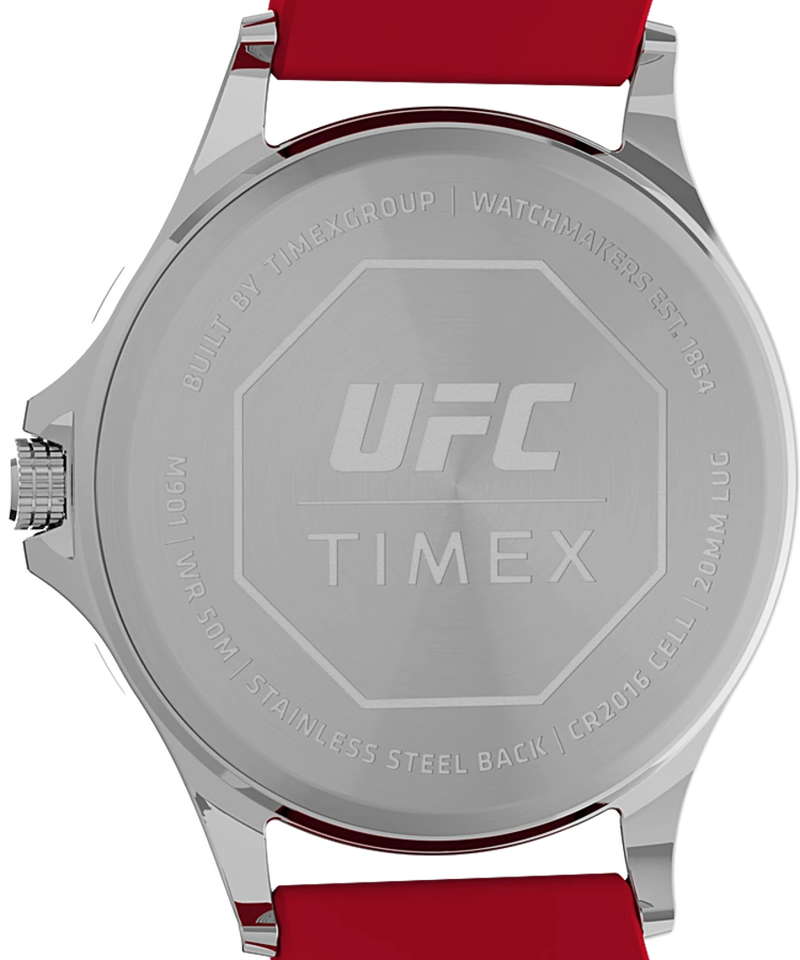 Back of a UFC-branded Timex watch with a red strap.