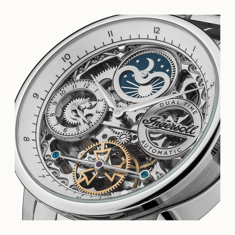 Intricately designed skeleton watch face showing gears and a moon phase complication.