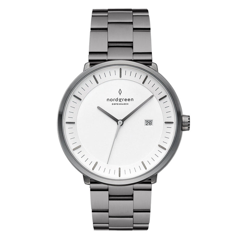 Sleek stainless steel wristwatch with a white dial and date display.