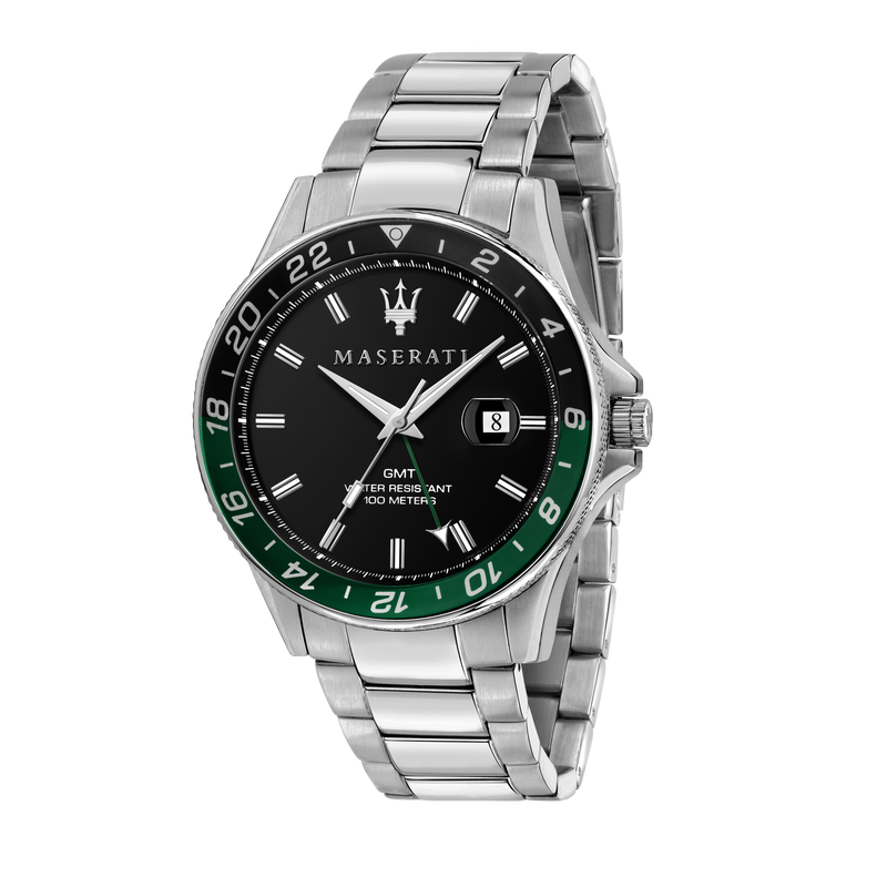 Maserati wristwatch with a black dial and green-black bezel on a silver metal bracelet.