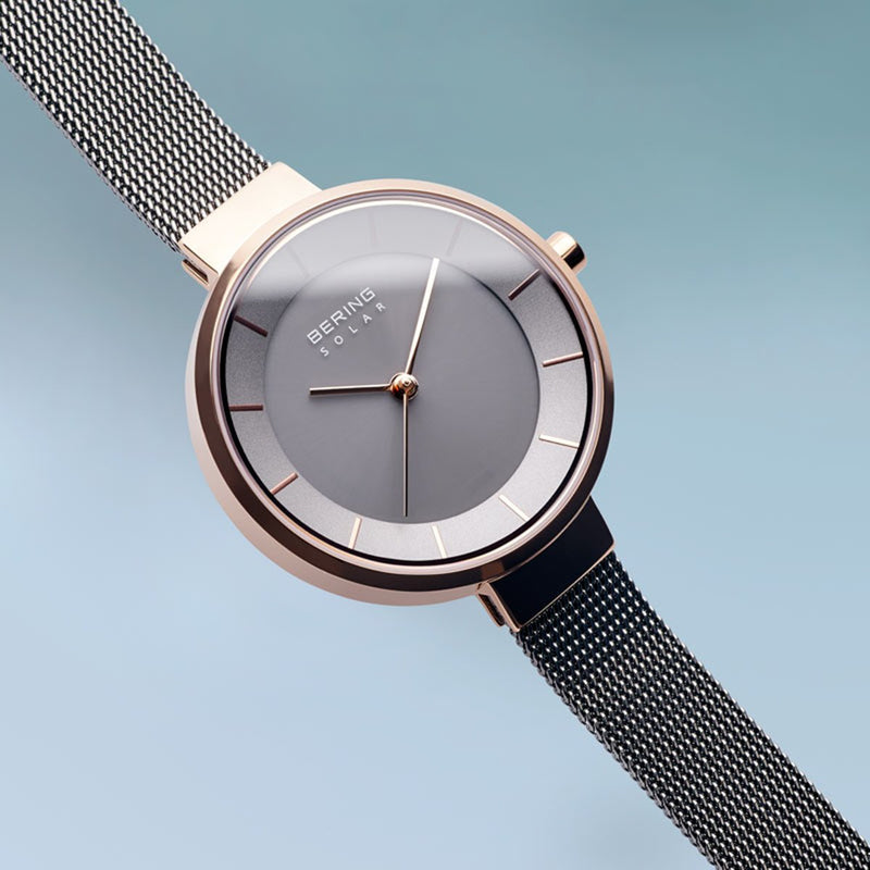 Bering Slim Solar 抛光玫瑰金灰色网状手表