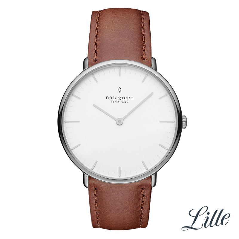 Minimalist wristwatch with a white face and brown leather strap.