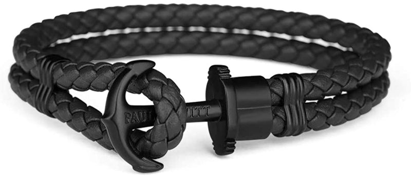 Black leather bracelet with an anchor-shaped clasp.