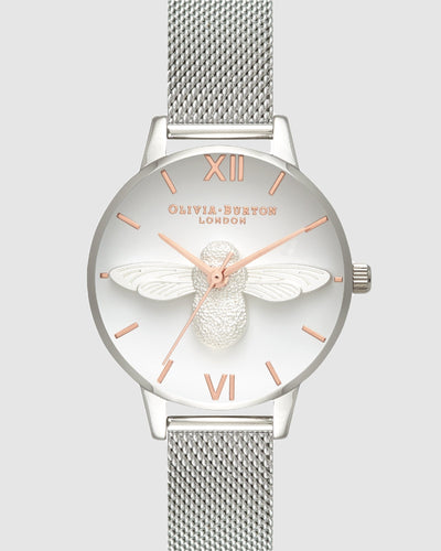 Olivia Burton 3D Bee Silver Mesh Watch