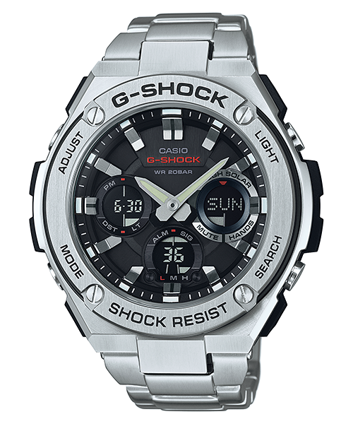 G-Shock wristwatch with a silver metal band and black dial face.