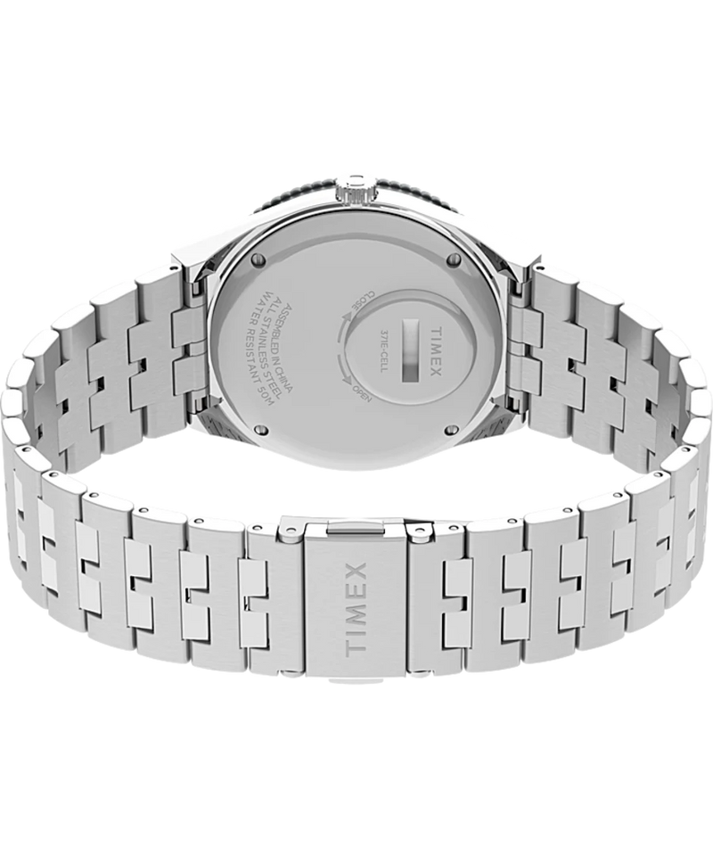 Silver metal wristwatch with a linked bracelet band.