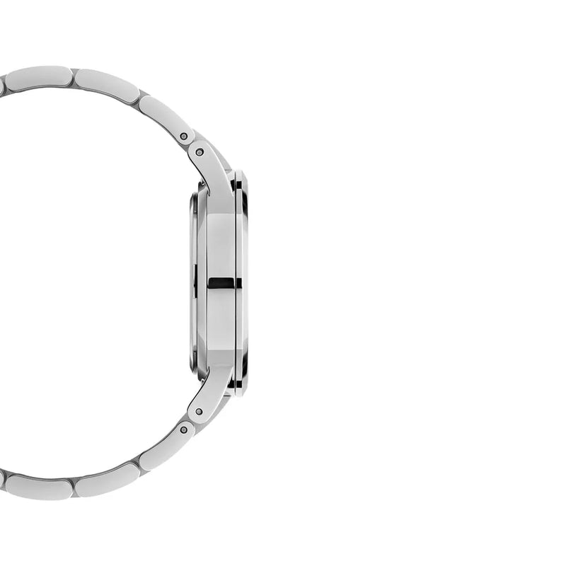 Sleek silver wristwatch with a minimalist design and metal bracelet.