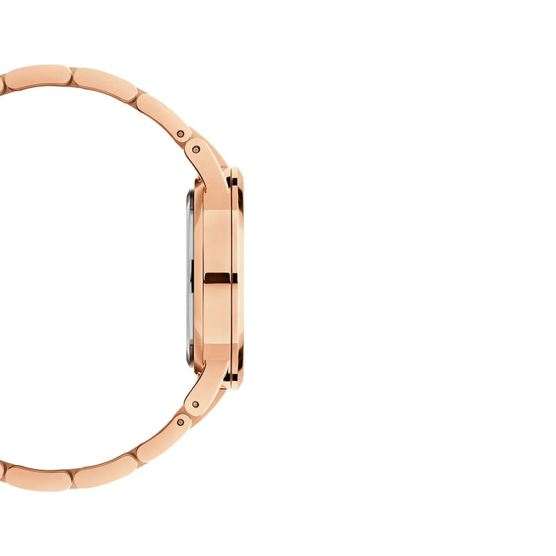 Rose gold wristwatch with a sleek metal band and minimalist design.