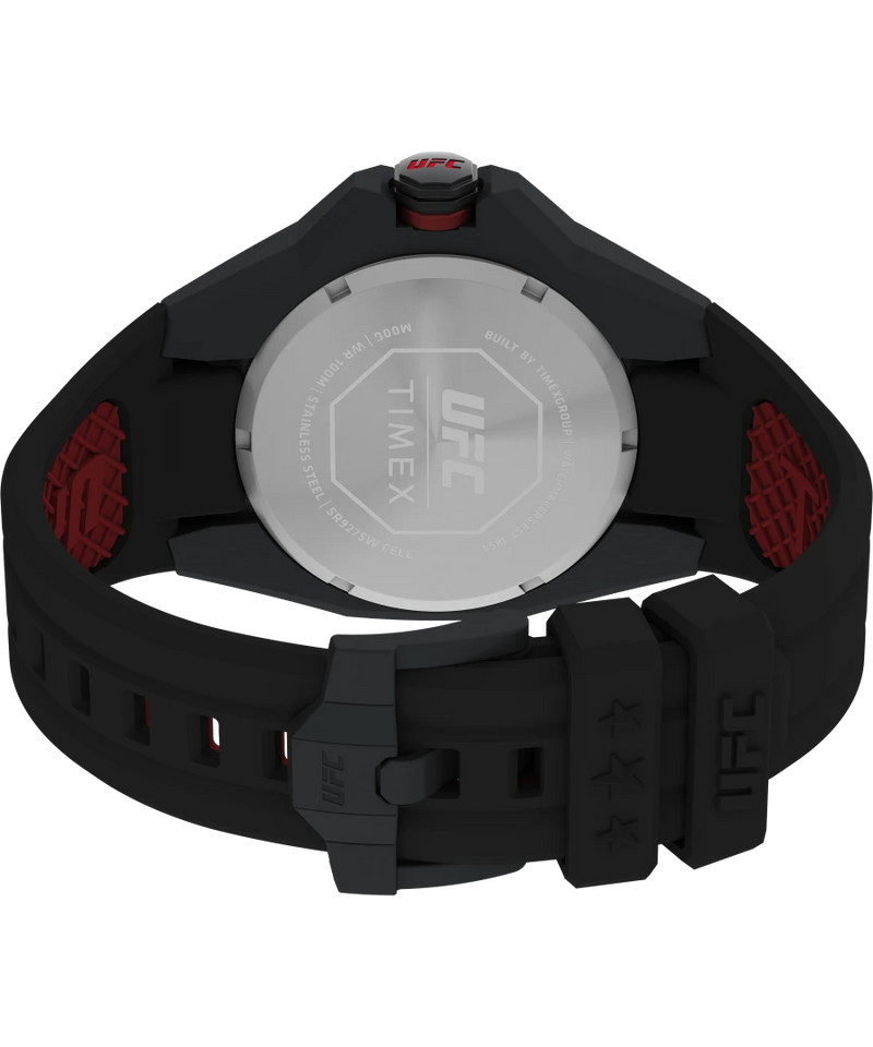 Black sports watch with red accents and a silver caseback.