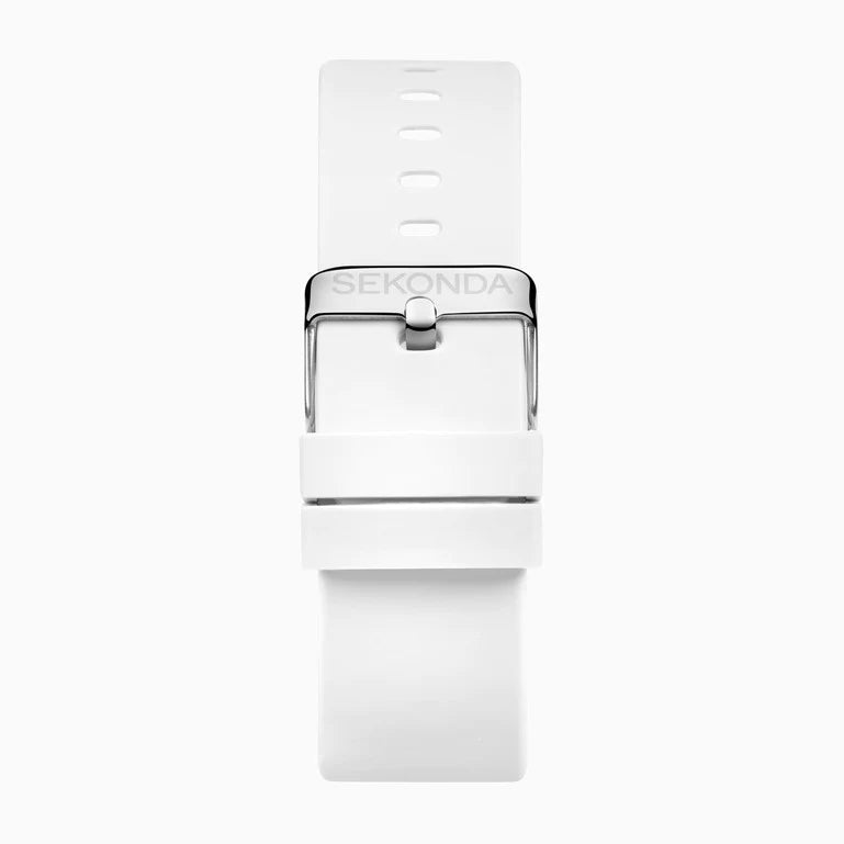 White silicone or rubber watch strap with a silver buckle.