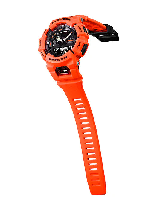 Bright orange digital sports watch with a rugged design.