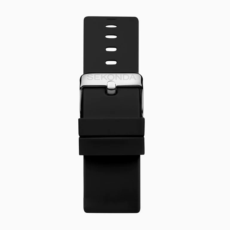 Black silicone or rubber watch strap with a silver-colored buckle.