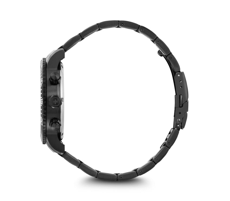 Black metal wristwatch with a circular face and linked band.