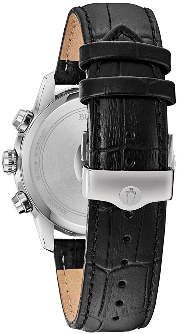 Wristwatch with a black leather strap and silver metal case.