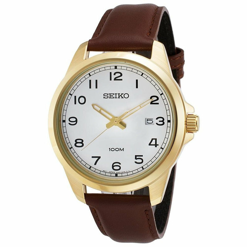 Seiko White Dial Brown Leather Quartz Mens Watch