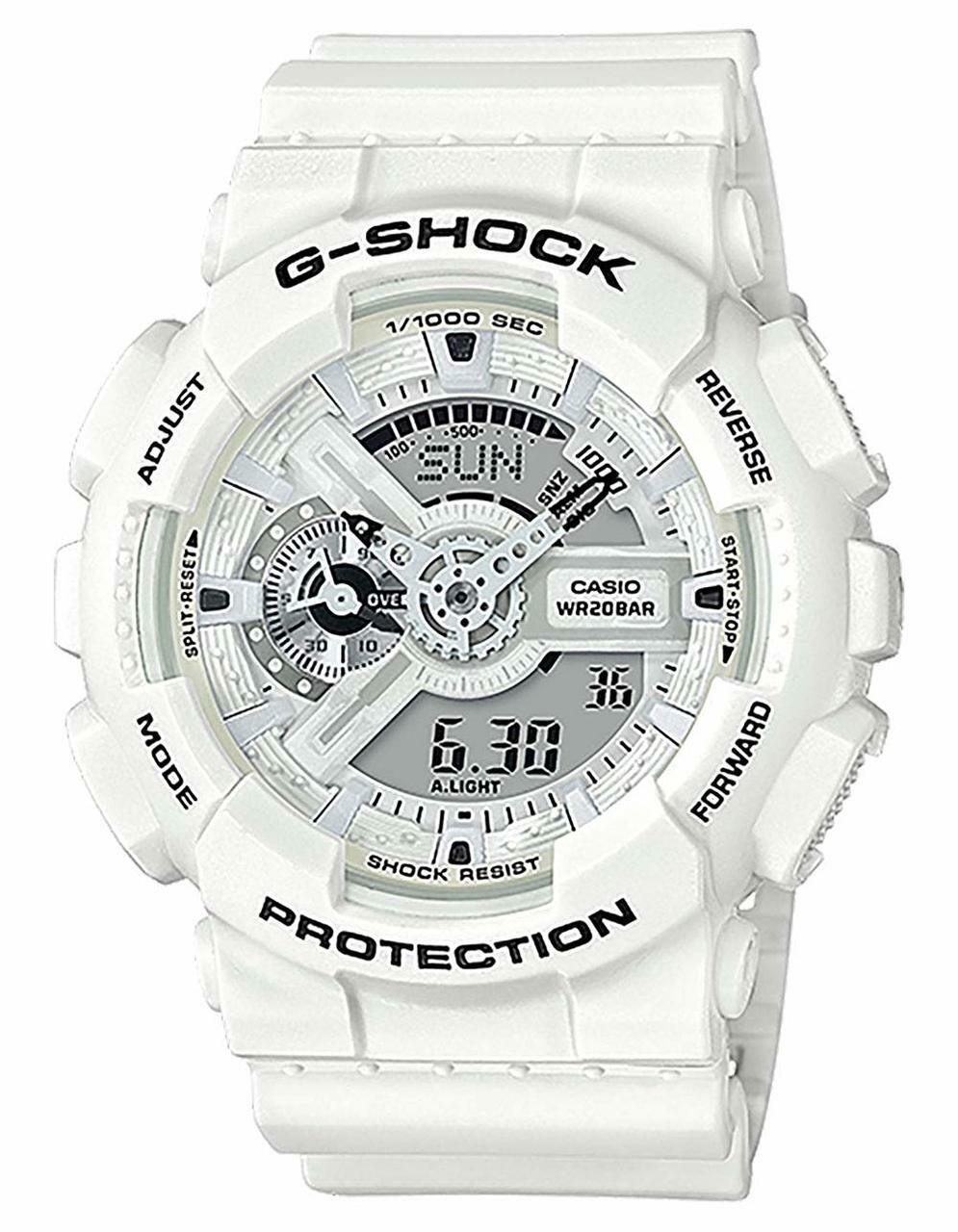 White G-Shock digital wristwatch with a complex display face.