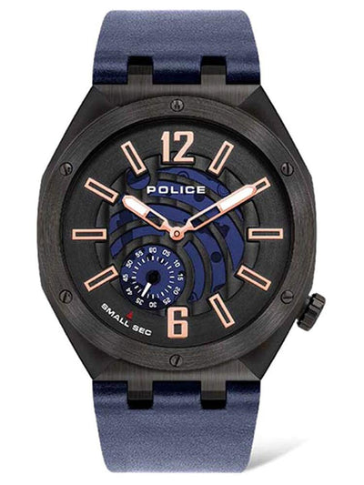 Stylish wristwatch with a black case, blue dial, and blue leather strap.