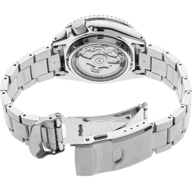 Stainless steel wristwatch with visible mechanical movement through transparent caseback.