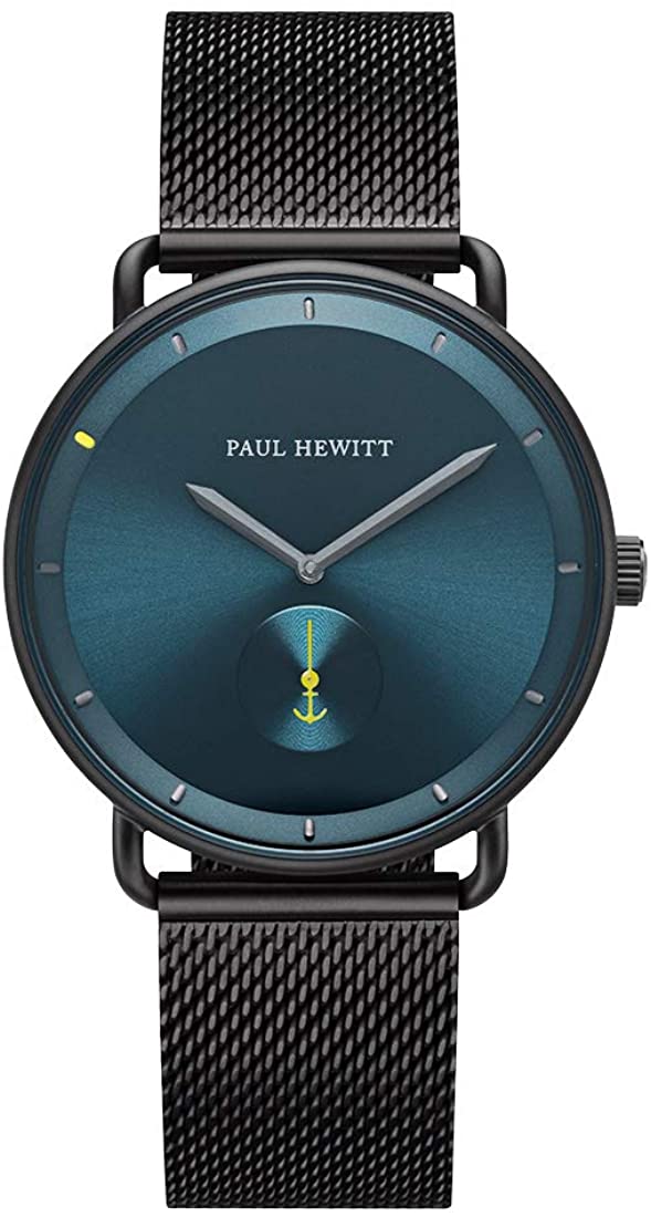 Sleek wristwatch with a dark teal face and black mesh band.