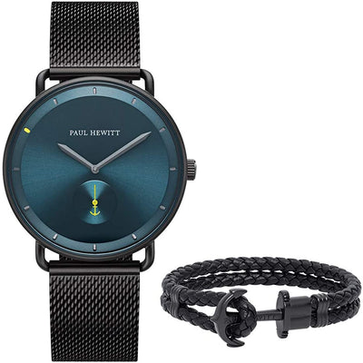 Sleek wristwatch with a teal face and black mesh band, accompanied by a black braided anchor bracelet.