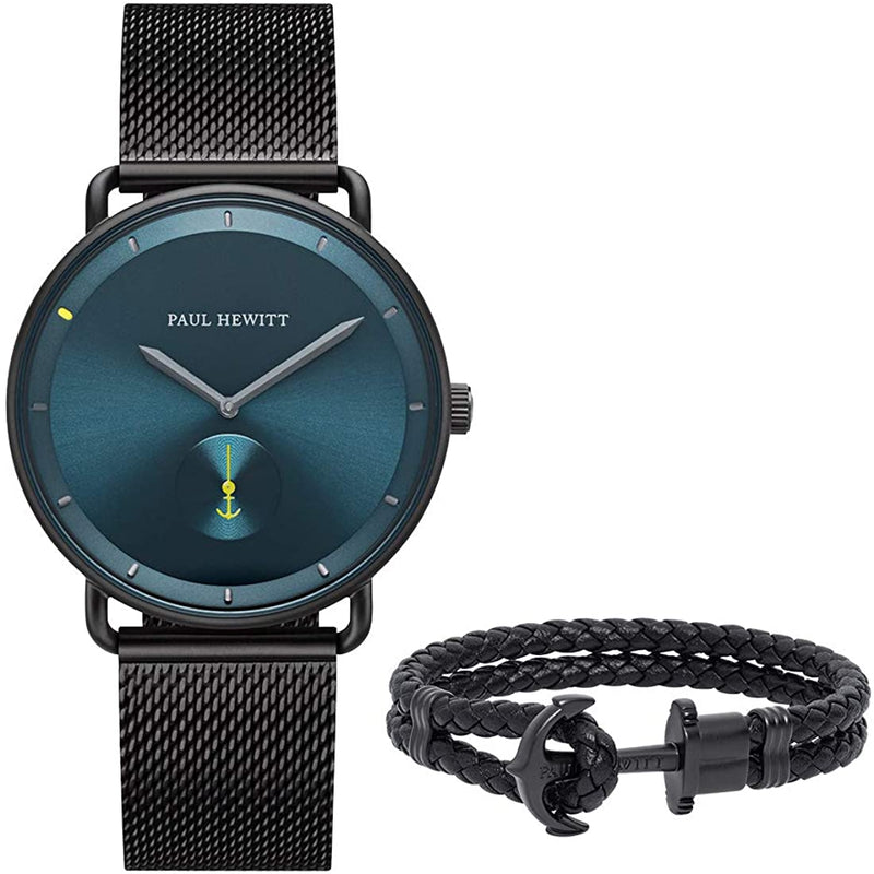 Sleek wristwatch with a teal face and black mesh band, accompanied by a black braided anchor bracelet.