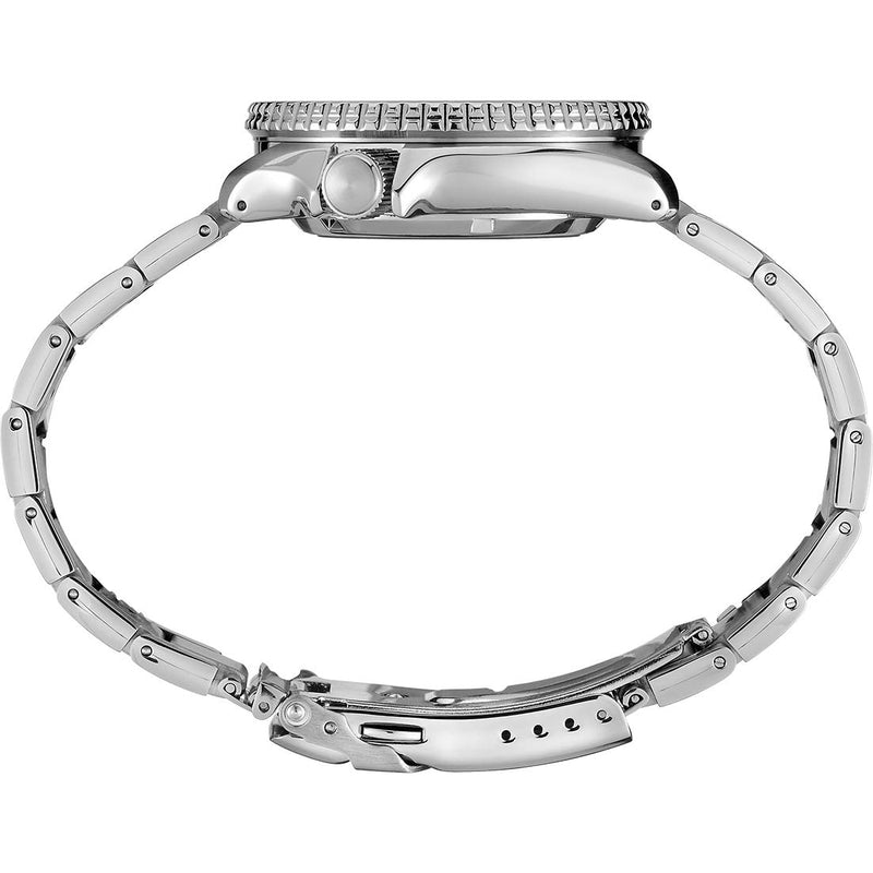 Stainless steel wristwatch with a metal link bracelet and textured bezel.