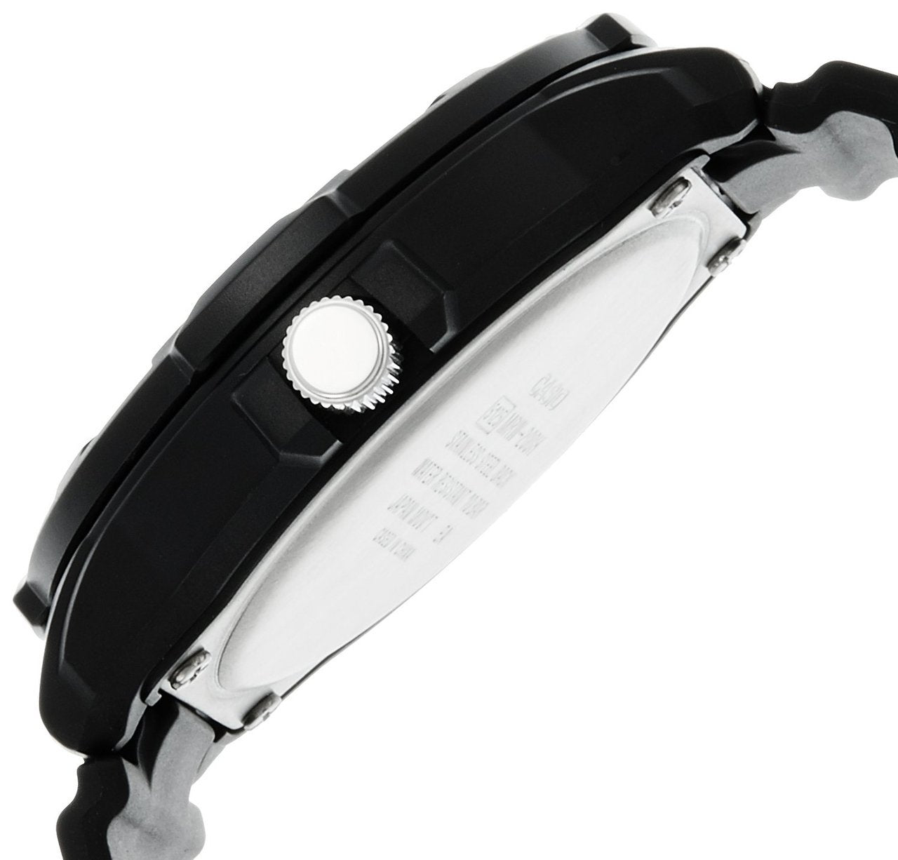 Wristwatch with a black case and side crown.