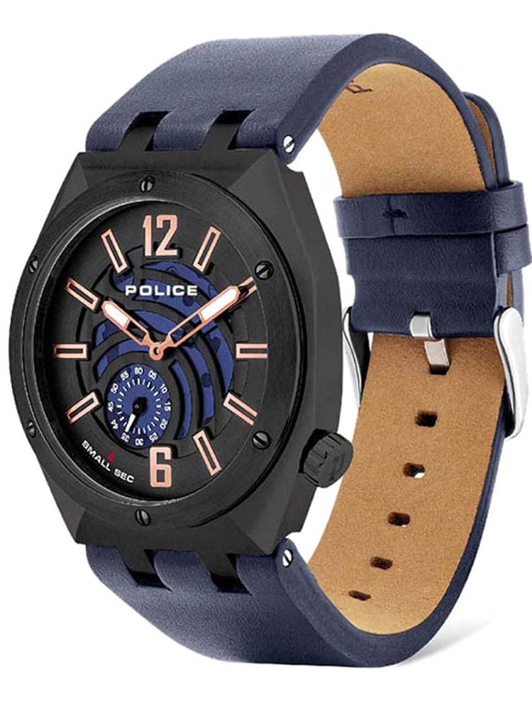 Police-branded wristwatch with a black case, blue leather strap, and colorful dial featuring numerals and subdials.