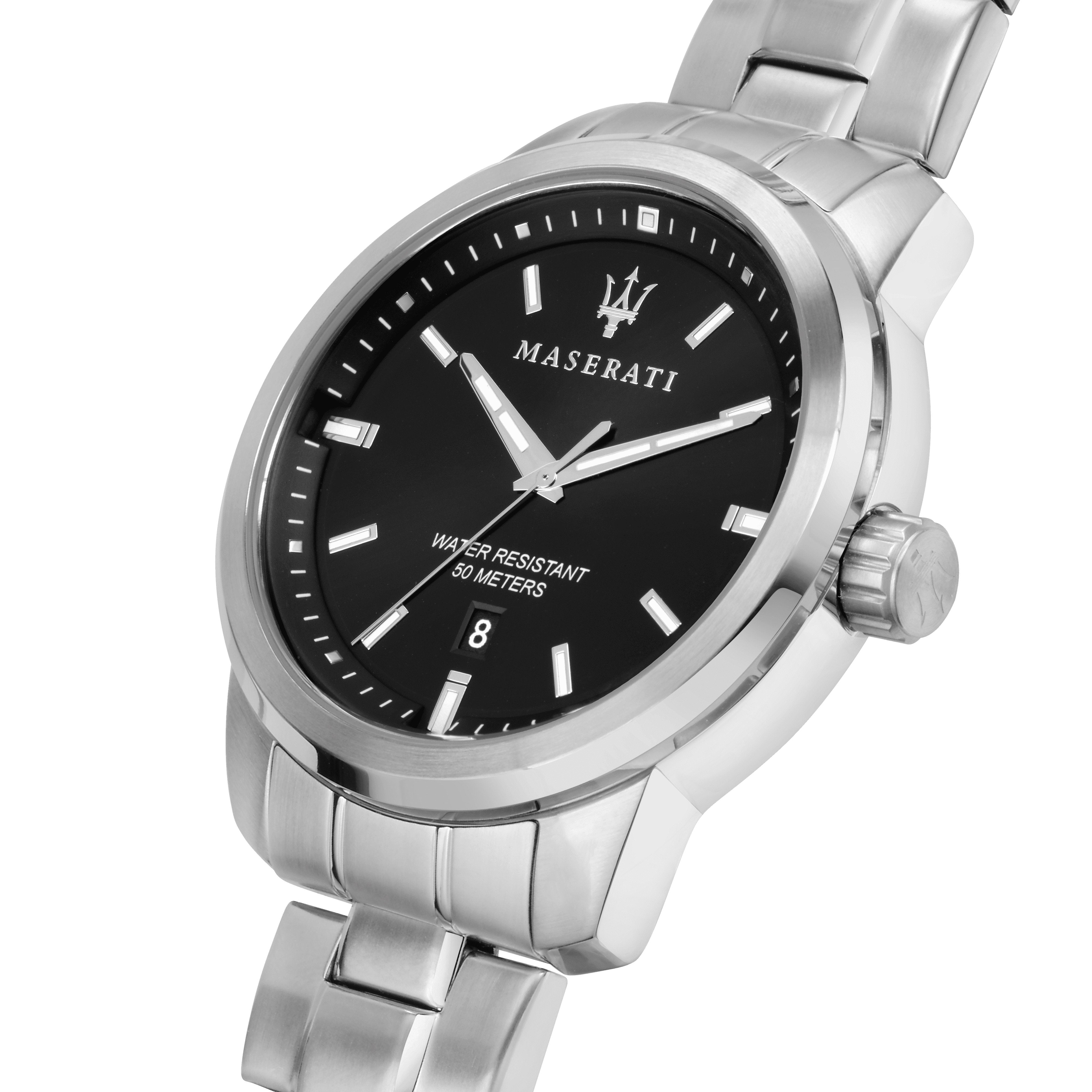 Maserati wristwatch with a black dial and silver metal bracelet.