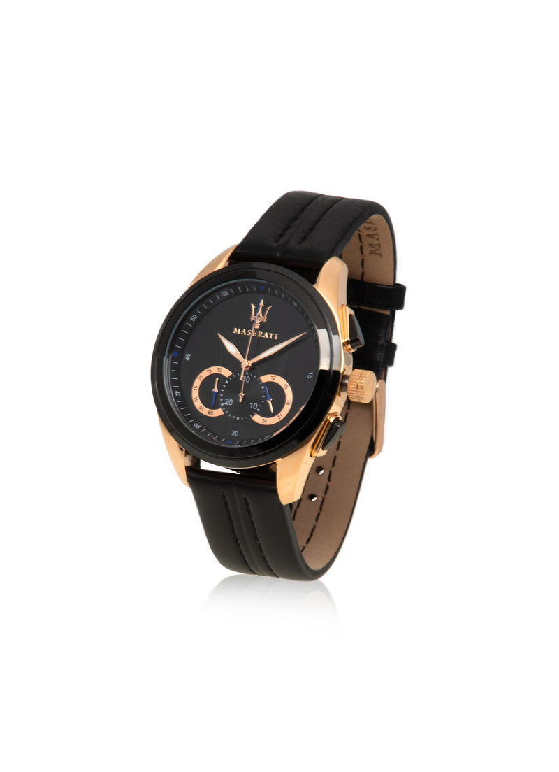 Elegant wristwatch with a black face, gold accents, and a black leather strap.