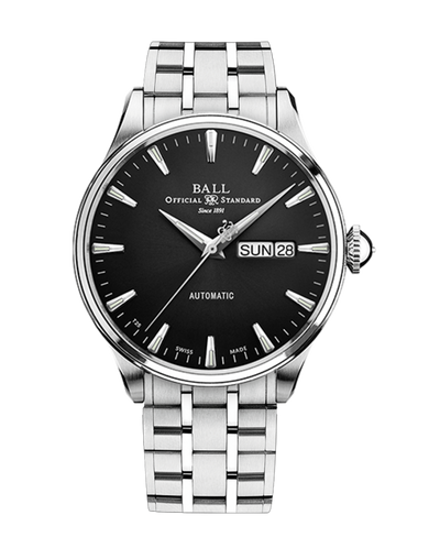 Stainless steel wristwatch with a black dial and day-date display.
