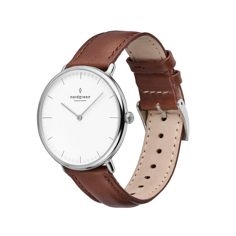 Minimalist wristwatch with a white face and brown leather strap.