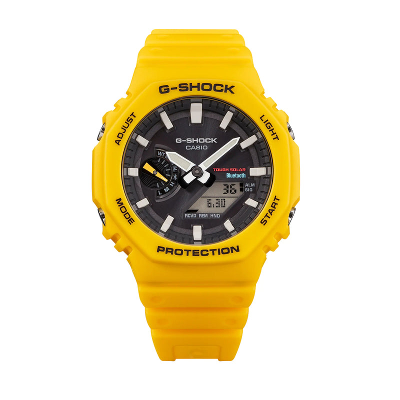 Bright yellow G-Shock wristwatch with a black dial face.