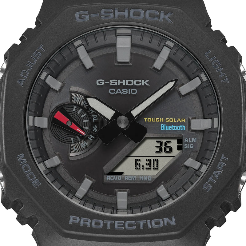 G-Shock digital-analog watch with a black face and multiple features displayed.