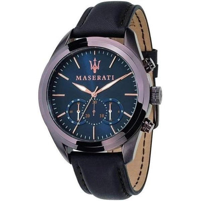 Maserati wristwatch with a dark blue face and black leather strap.