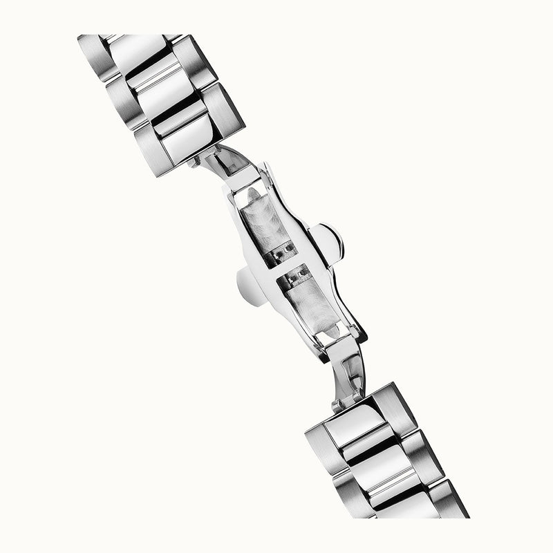 Metal watch bracelet with a folding clasp.