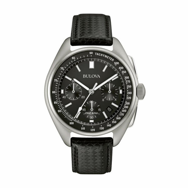 Bulova wristwatch with a black leather strap and silver-toned case featuring a black chronograph dial.